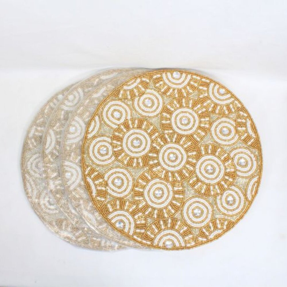 4 Piece Set 13 inch Decorative Beaded Gold & Ivory Dinner Party Placemats Round